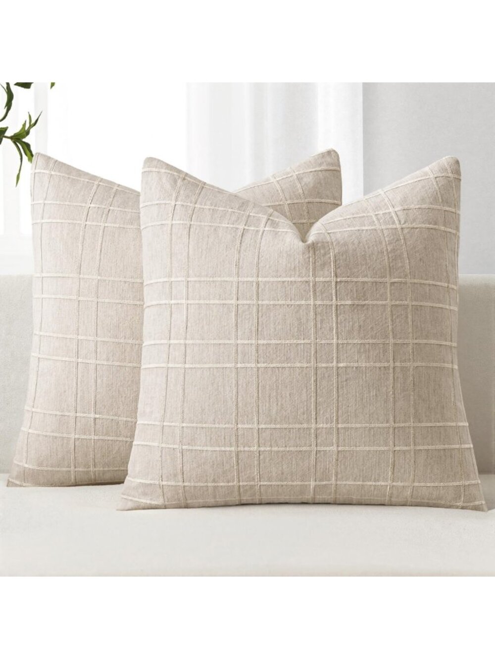 Linen Plaid Decorative Pillow Covers, Euro Size 26x26, Natural Beige, Cozy Home